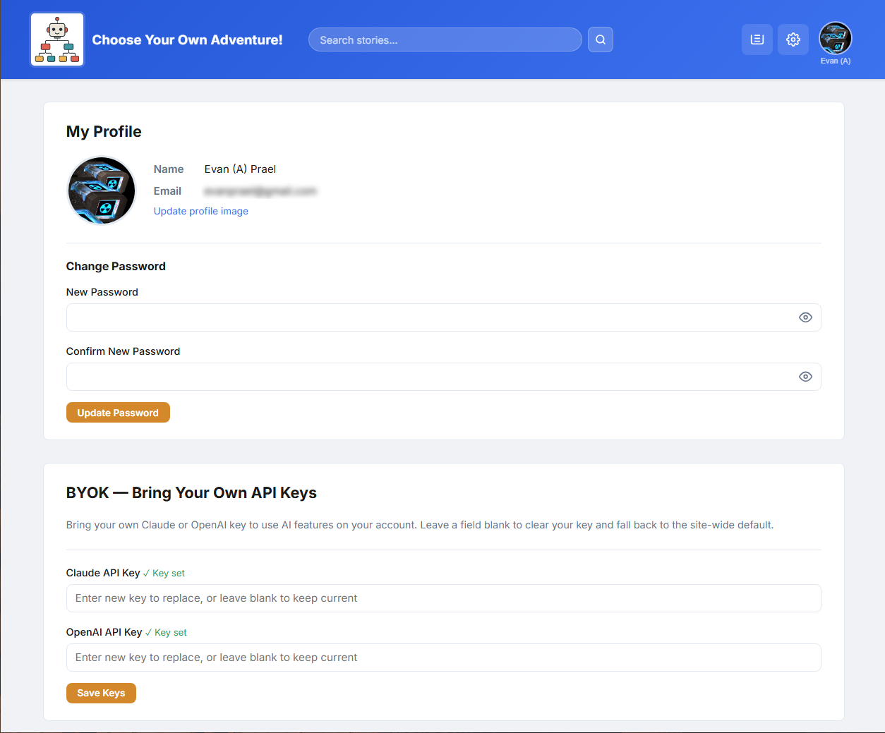 A user's profile edit screen with fields for their own API keys